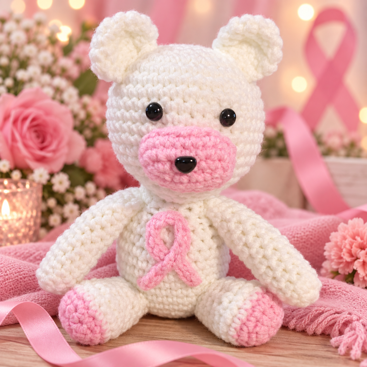 Crocheted Breast Cancer Awareness Bear